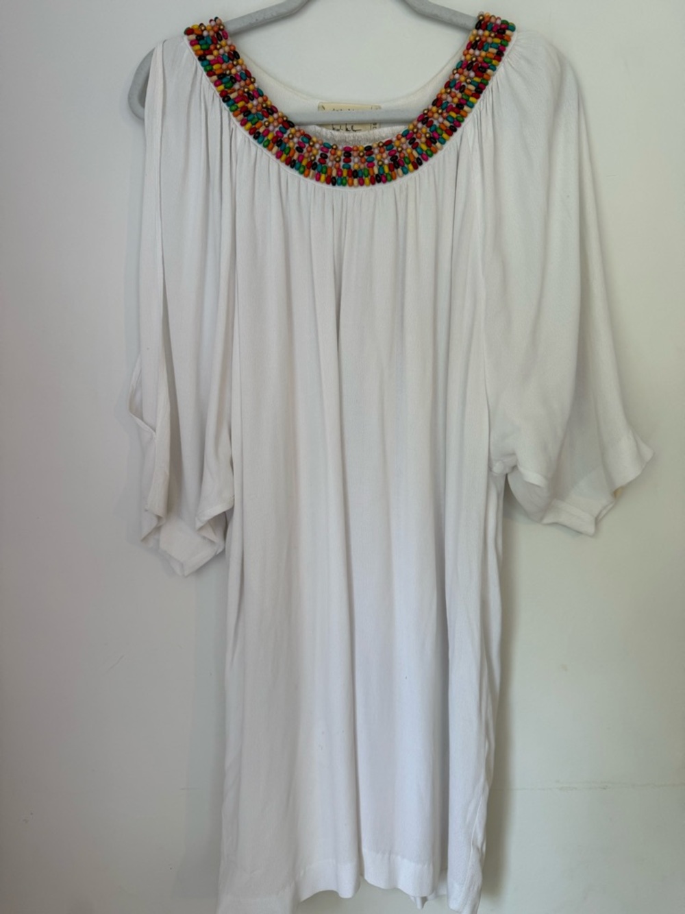 Nicole Miller Artelier White Dress Size Large Beaded Neckline Boho Open Sleeve